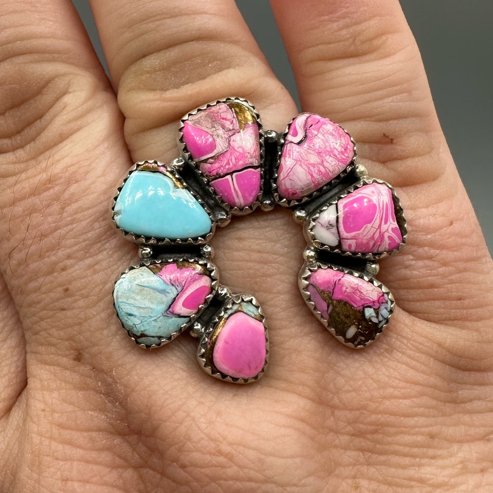 Cotton Candy Dahlia Turquoise Sterling Silver 925 Naja Adjustable Ring Handmade - Picture 9 of 9